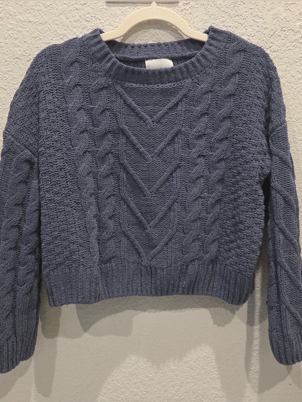 Pink Rose Cable-Pattern Crewneck Sweater in Slate Blue
